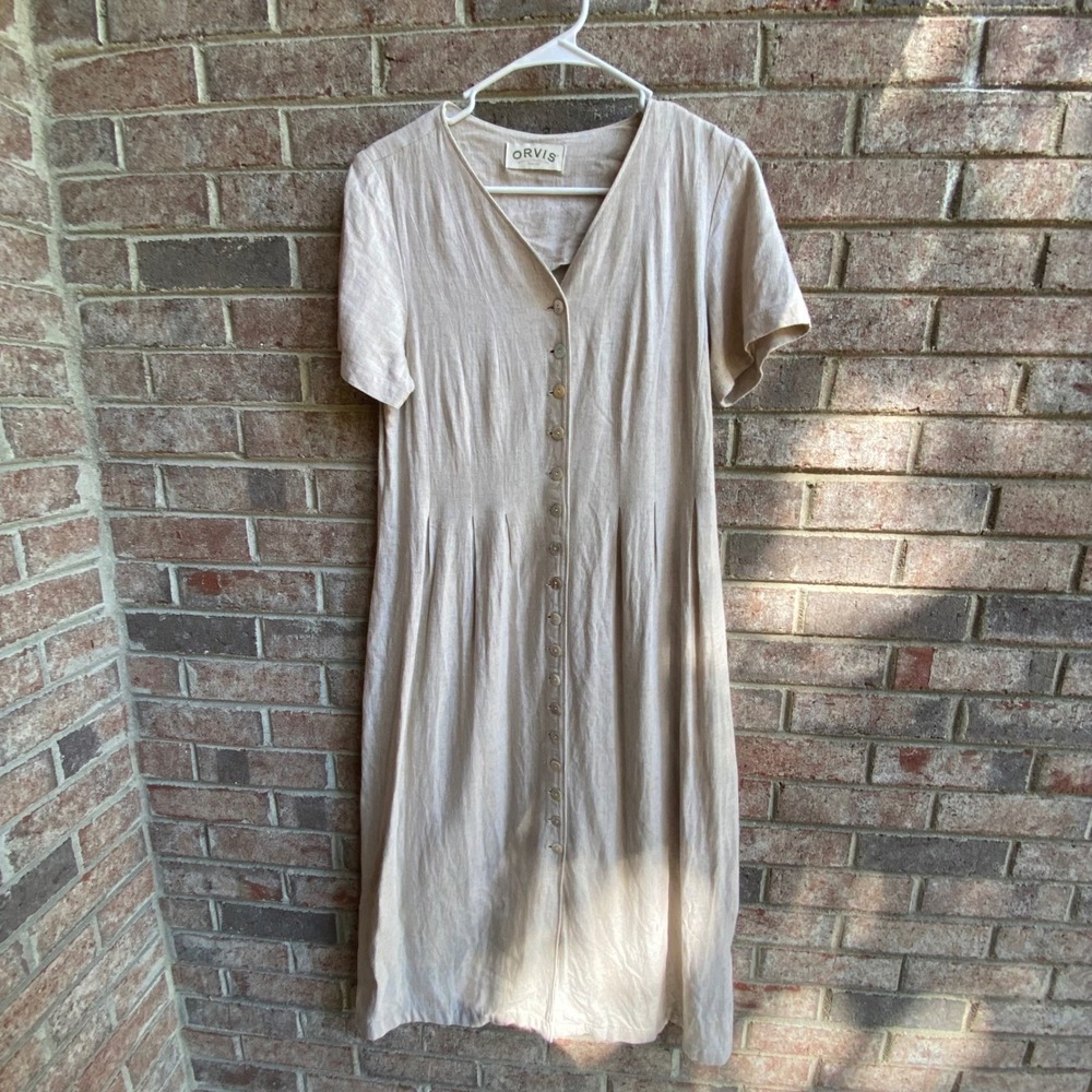 Orvis Linen Blend Button Front Midi Dress Beige‎ Short Sleeve P10 Petite